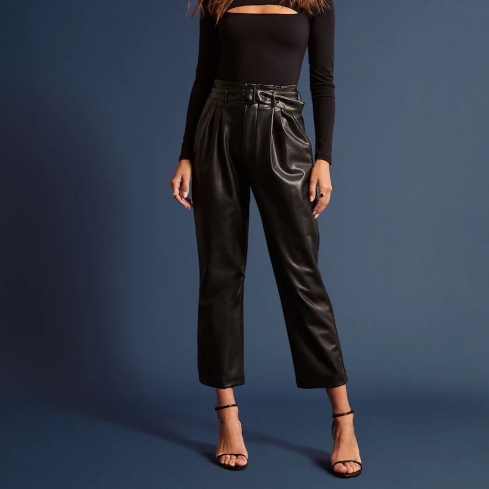 Vegan Leather Belted Ankle Straight Pants
